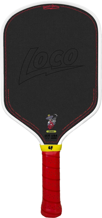 Bread & Butter Loco 2 16mm hybrid paddle, black Space Dust Grit face with the Loco wordmark, white edge and red handle