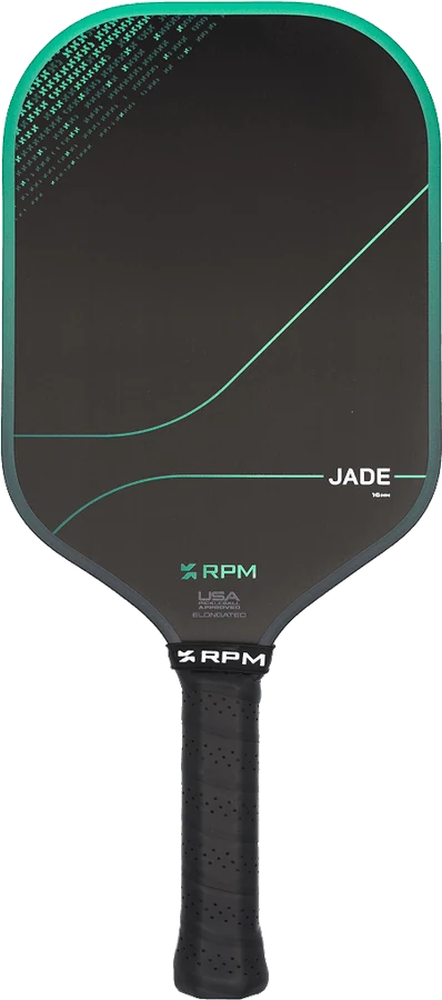 RPM Jade 16mm elongated paddle, black face with jade green edge and accent lines